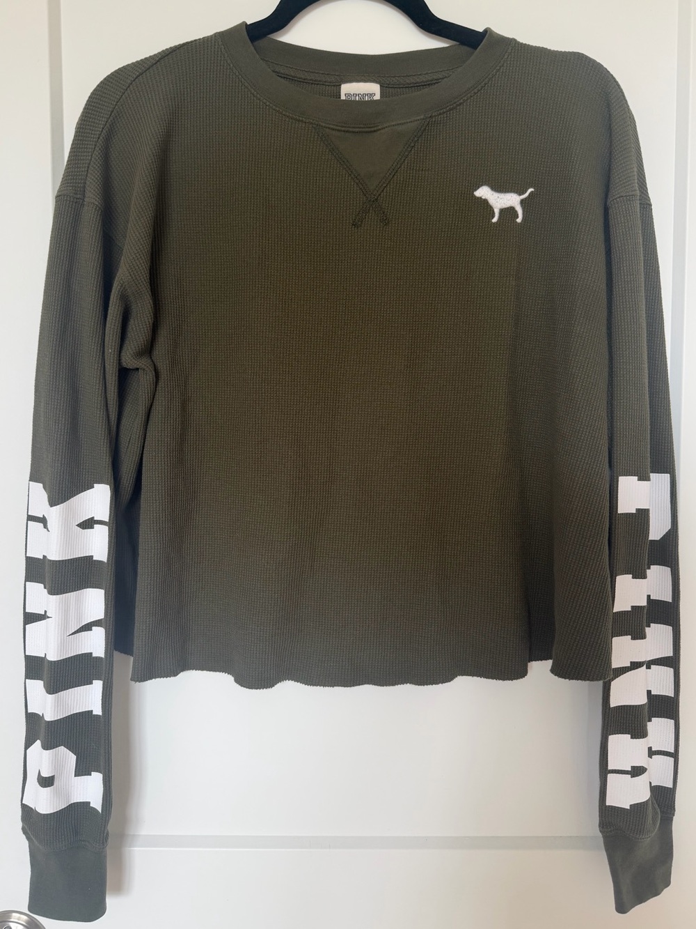 Victoria’s Secret PINK Olive Green Waffle Knit Long Sleeve Graphic Top XS
